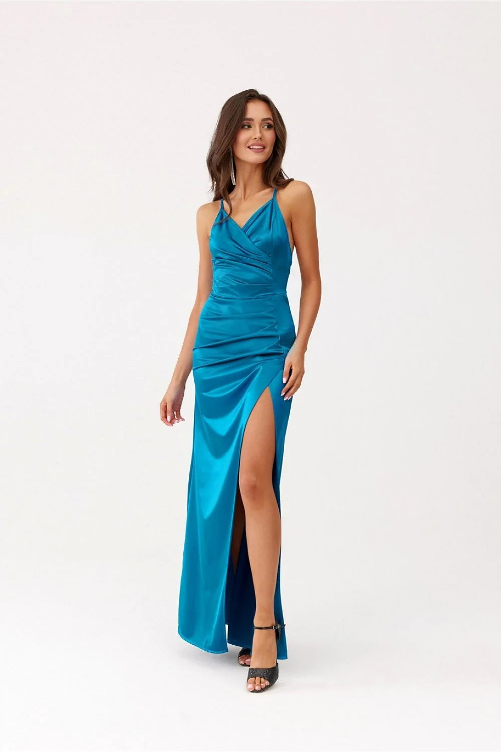 Robe longue soirée Roco Fashion style formel dos nu satin bleu sarcelle fente haute taille ajustée femme élégance