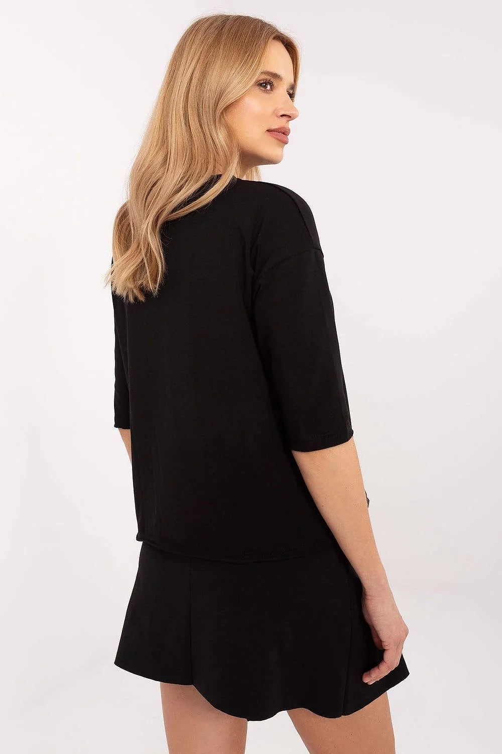 Ensemble de mode féminine haut manches 3/4 jupe plissée noire motifs étoiles argentées Stay Always Star
