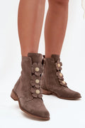 bottines femme daim taupe western bohème effilé talon bloc 3cm cheville fleurs appliquées boutons dorés fermeture éclair latérale surpiqûres