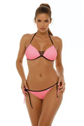 Maillot de bain deux pièces Marko bikini féminin moderne design épuré rose vif noir triangle tanga femmes plage piscine été