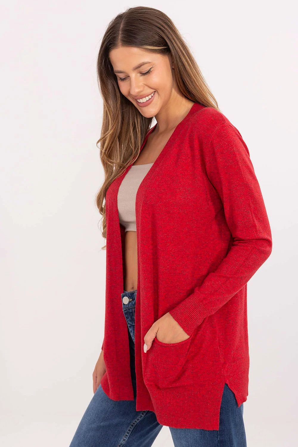 cardigan cape femme rouge vif long ouvert maille douce légère coupe droite manches longues poches plaquées