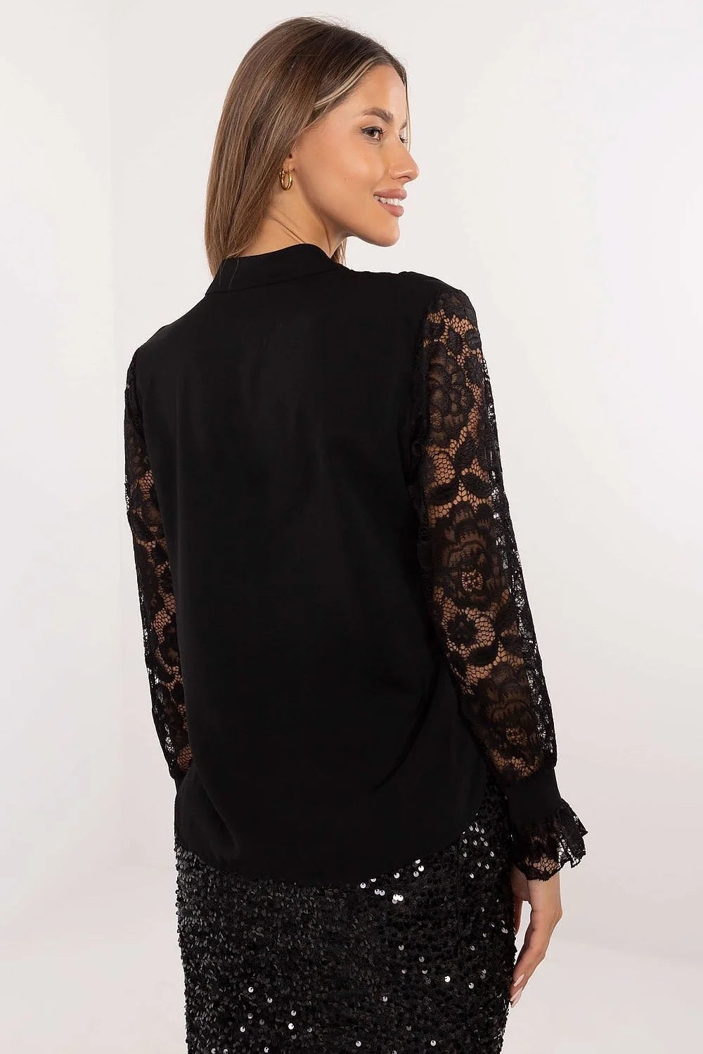 Chemise pour femme élégante manches longues dentelle noire col droit ajustée polyester élasthanne viscose