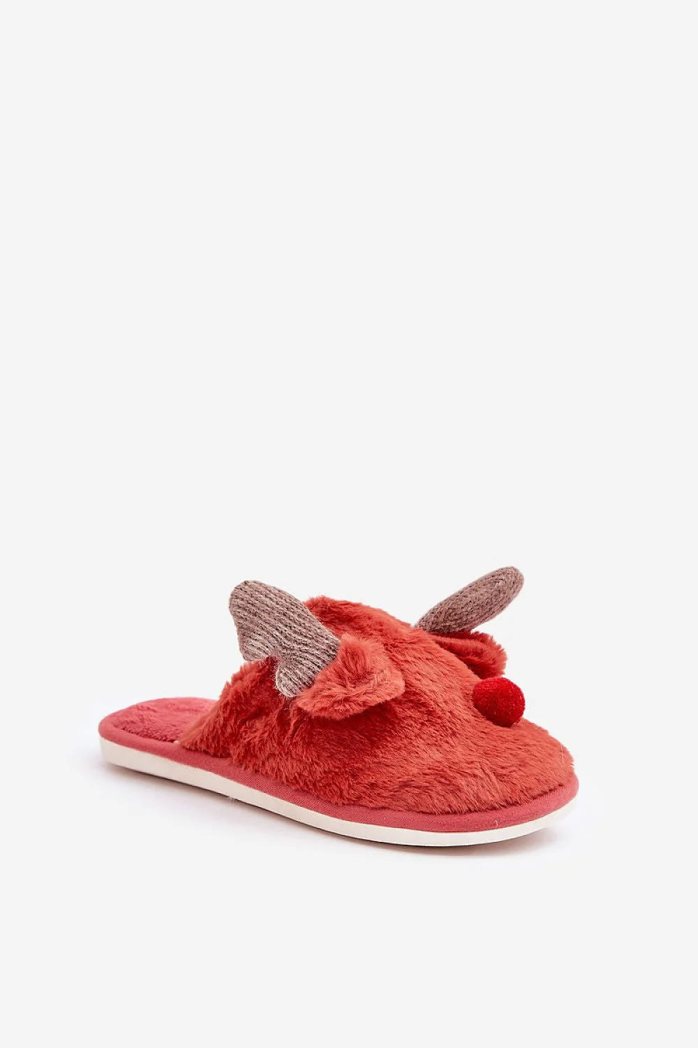 pantoufles femme fausse fourrure renne hiver noël confort original mule peluche corail rouge oreilles maille pompon nez semelle blanche plate