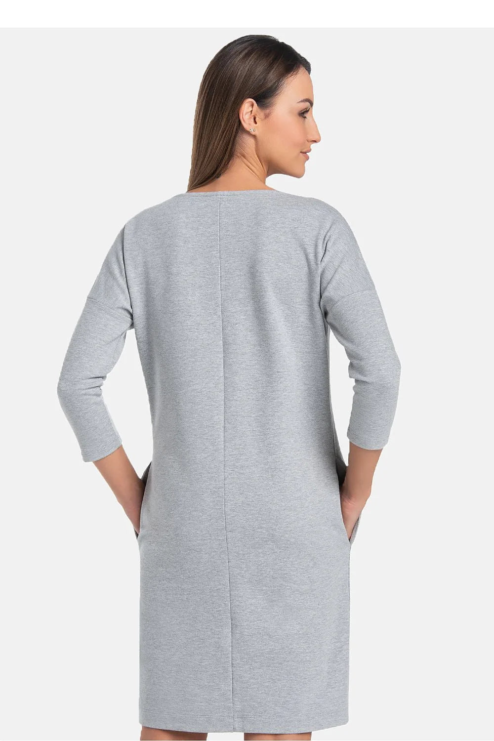 robe femme gris chiné coton stretch ajustée cintrée cloche longueur genou poches manches troisquarts encolure arrondie classique