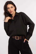 Chemise manche longue Lakerta en coton élasthanne style classique noir coupe ample fermeture boutons ceinture brune femmes
