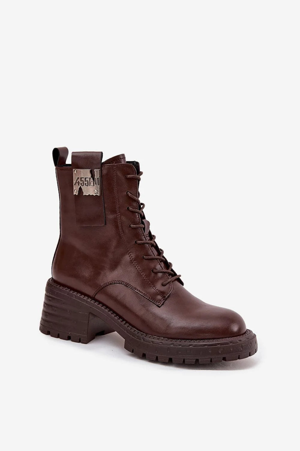 bottines femme cuir naturel marron foncé tige mi mollet bout rond laçage zippée latérale semelle crantée talon bloc