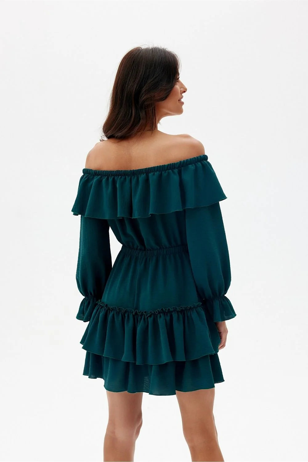 Robe de jour Roco Fashion style espagnol volants multiples encolure Bardot taille ajustable couleur bleu-vert femme