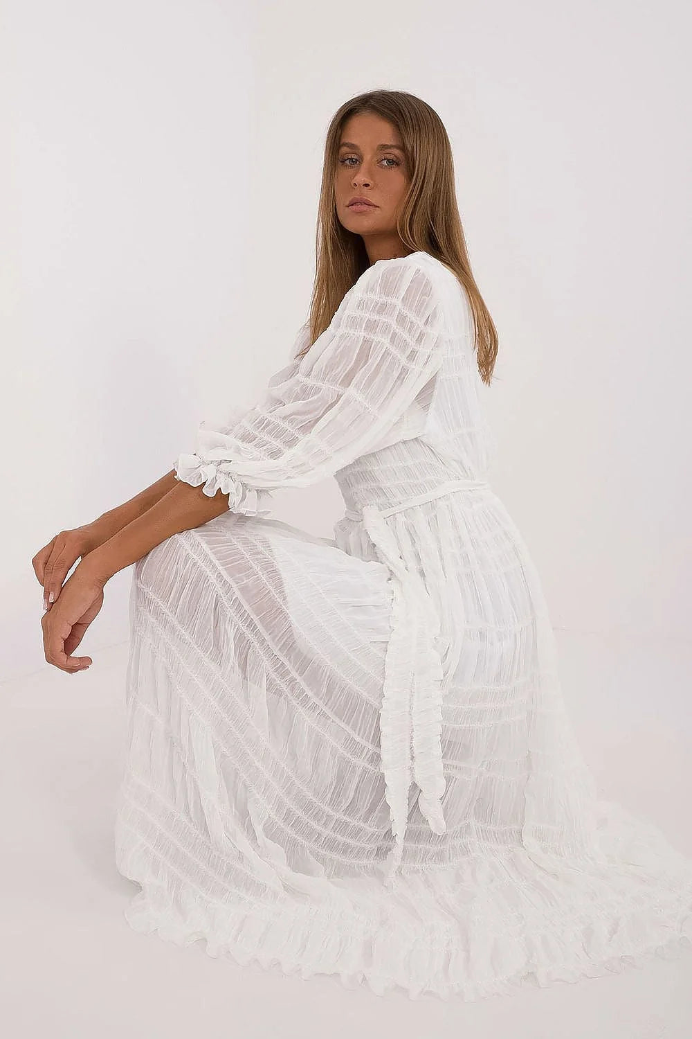 robe midi coton nylon plissé volants manches bouffantes trois quarts encolure ronde doublure ceinture nouée taille bohème mariage