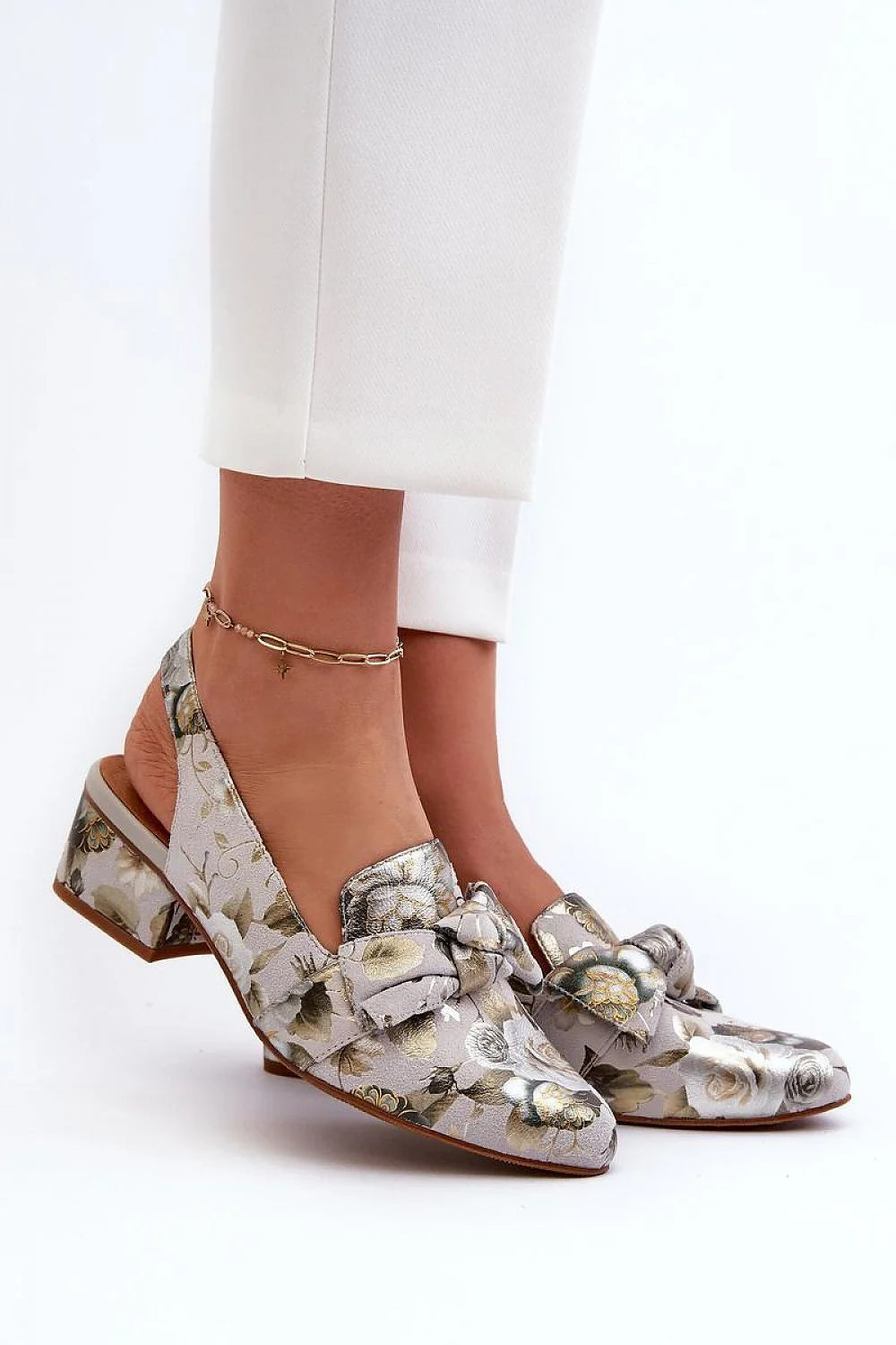Sandales à talons_block élégantes floral métallique beige vert olive cuir naturel semelle cuir femmes occasion formelle