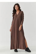 robe maxi longue viscose stretch manches longues encolure V coupe évasée fentes latérales fluide jersey chocolat noir kaki anthracite