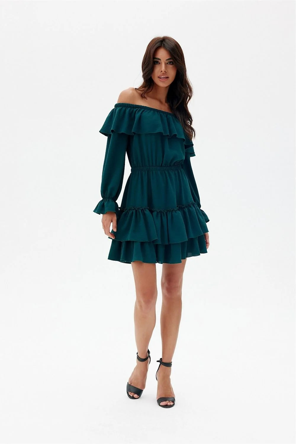 Robe de jour Roco Fashion style espagnol volants multiples encolure Bardot taille ajustable couleur bleu-vert femme
