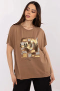 T-shirt femme décontracté design moderne coloris marron terreux imprimé doré argenté Haute Couture Paris
