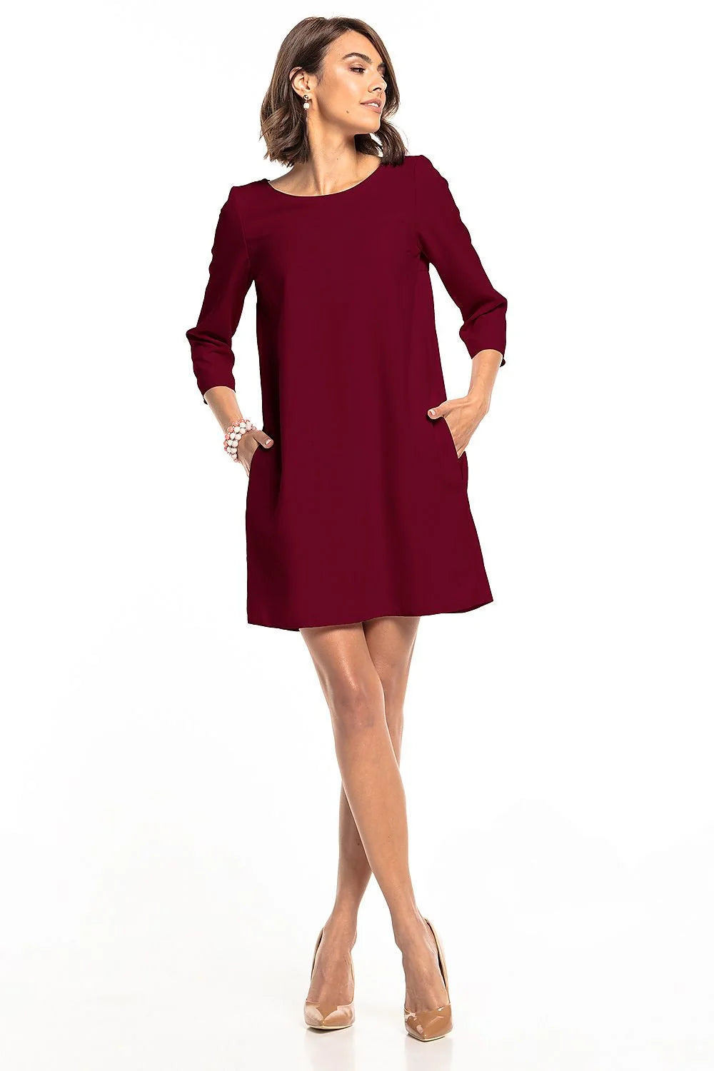 Robe ample polyester vert foncé style trapèze manches trois-quarts élégante chic pour toutes occasions