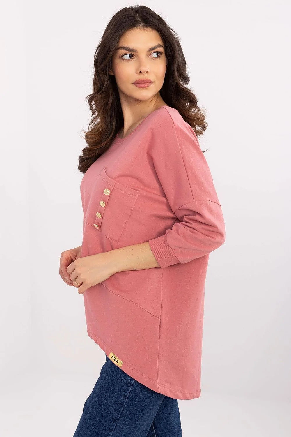 Pull pour femme moderne couleur rose pâle coupe décontractée manches longues épaules tombantes poche décorative boutons dorés en coton