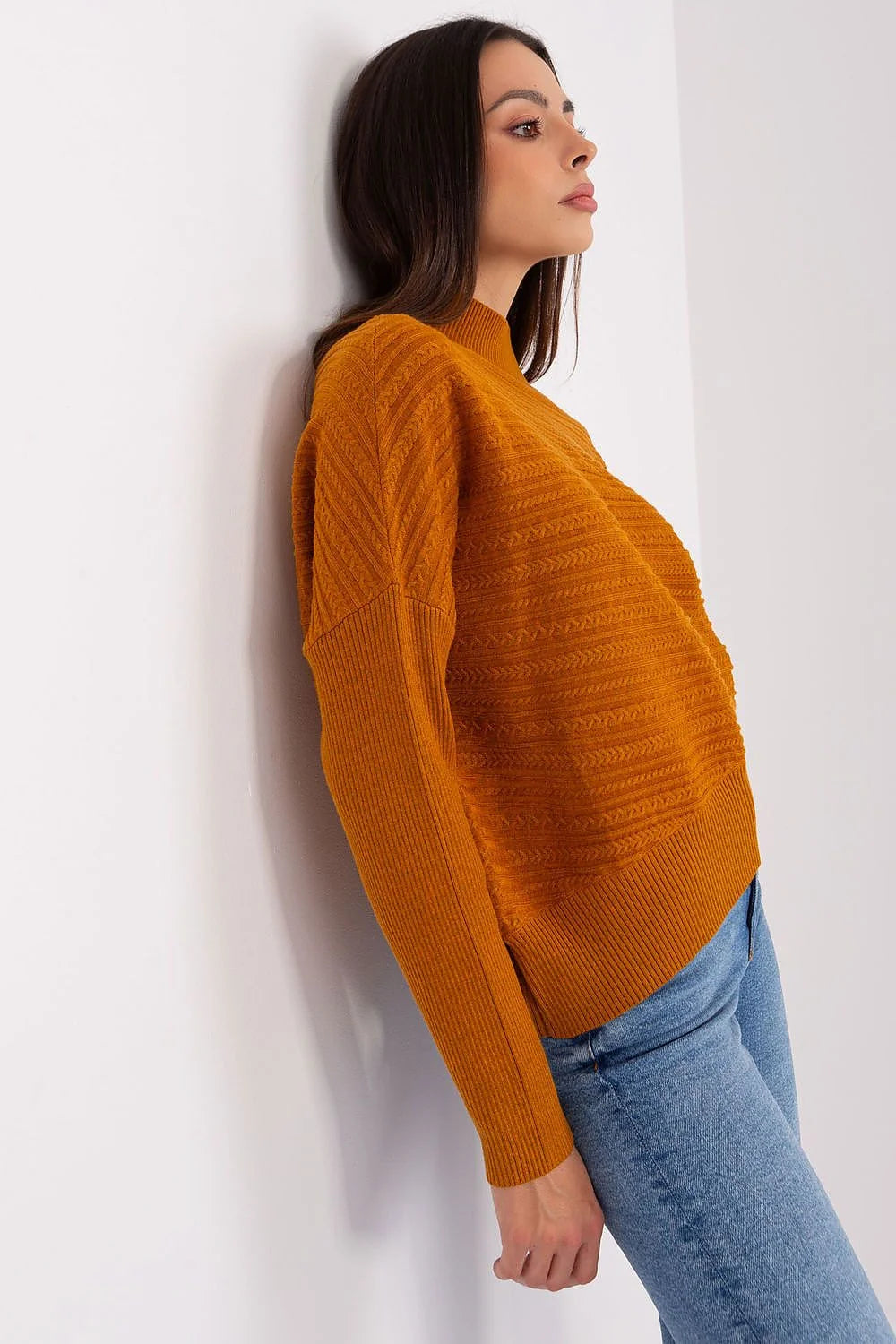 Pull-over femme style décontracté coupe ample col montant côtelé manches longues teinte ocre automne-hiver