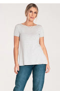 tshirt femme court manches courtes gris clair chiné coupe ajustée swing évasée maille jersey douce extensible confortable écusson métallique