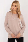 Sweatshirt femme minimaliste élégant couleur beige rosé doux logo min min manches longues élastiques encolure ronde sans poches