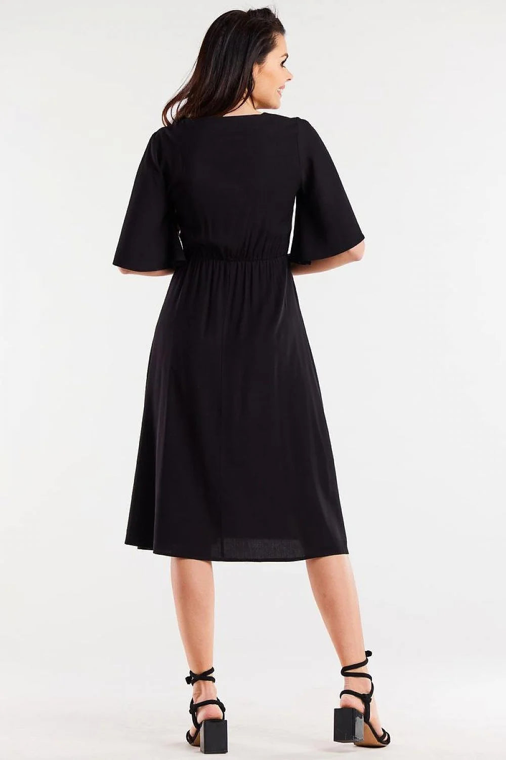 robe midi noire élégante viscose fluide drapée décolleté V manches kimono larges taille élastique cintrée jupe évasée ourlet asymétrique polyvalente