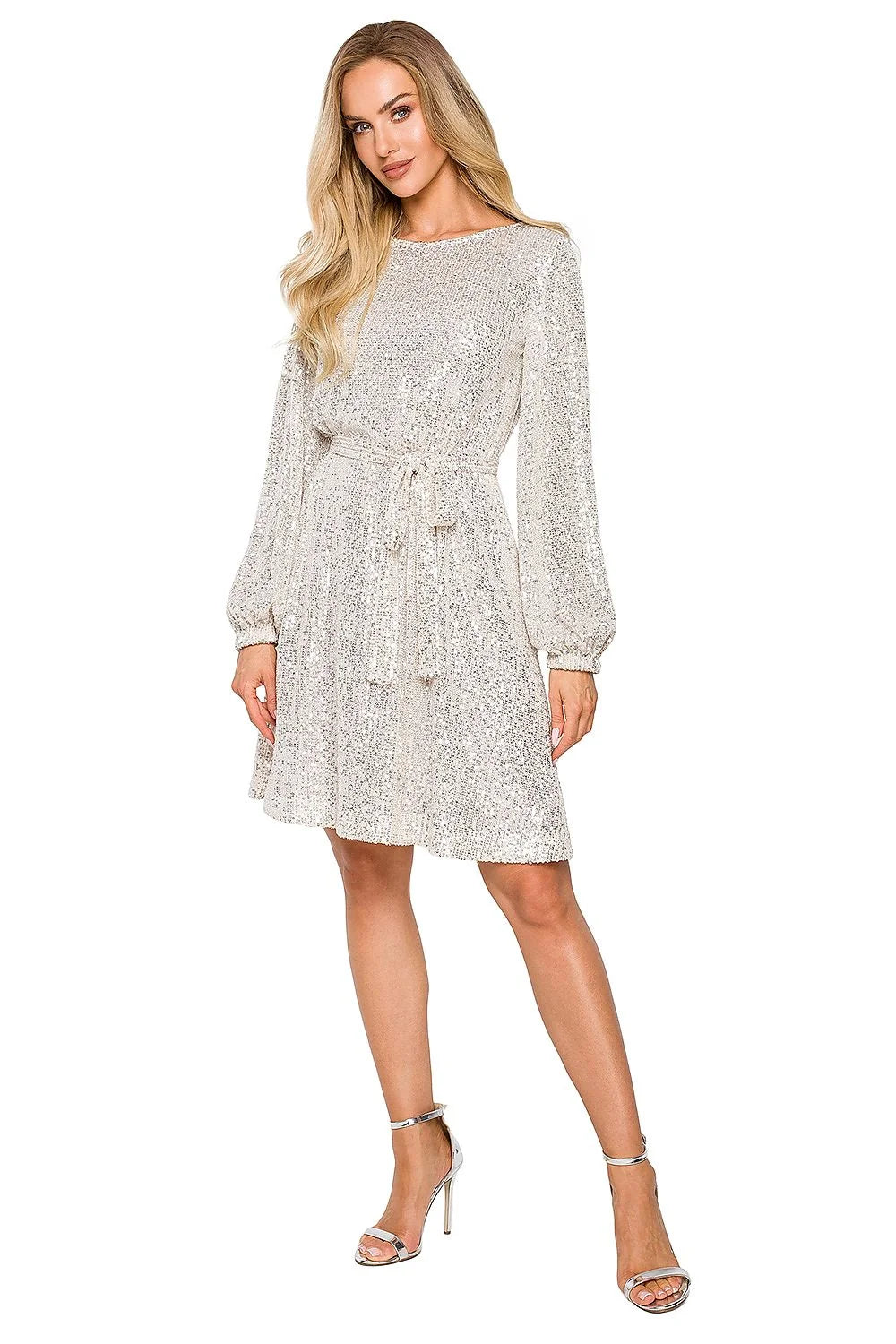 Robe de soirée élégante à paillettes argentées longueur genoux manches longues col rond ceinture nouable femme