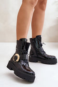 bottines femme cuir verni noir montantes rockchic empiècements texturés bout arrondi semelle plateforme crantée épaisse sangle boucle dorée