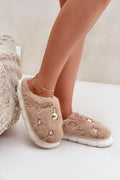 pantoufles mules femme intérieur fausse fourrure beige doublure pelucheuse semelle épaisse blanche profilée confort douillet ornementées dorées strass