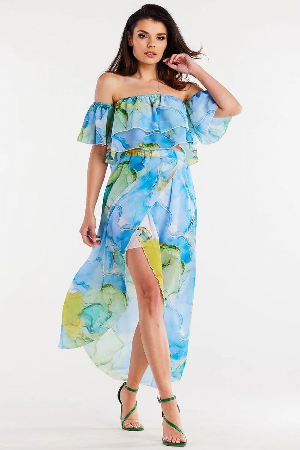 Chemisier Awama moderne été style Bardot volants tissu fluide couleur aquarelle femmes polyester 100% taille élastique
