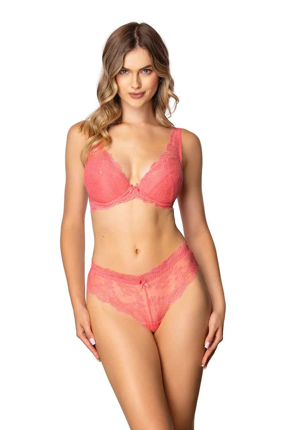 soutiengorge pushup samba corail dentelle florale plongeant armatures bretelles réglables fermeture sculptante galbe arrondi confort romantique ensemble culotte assortie semitransparente