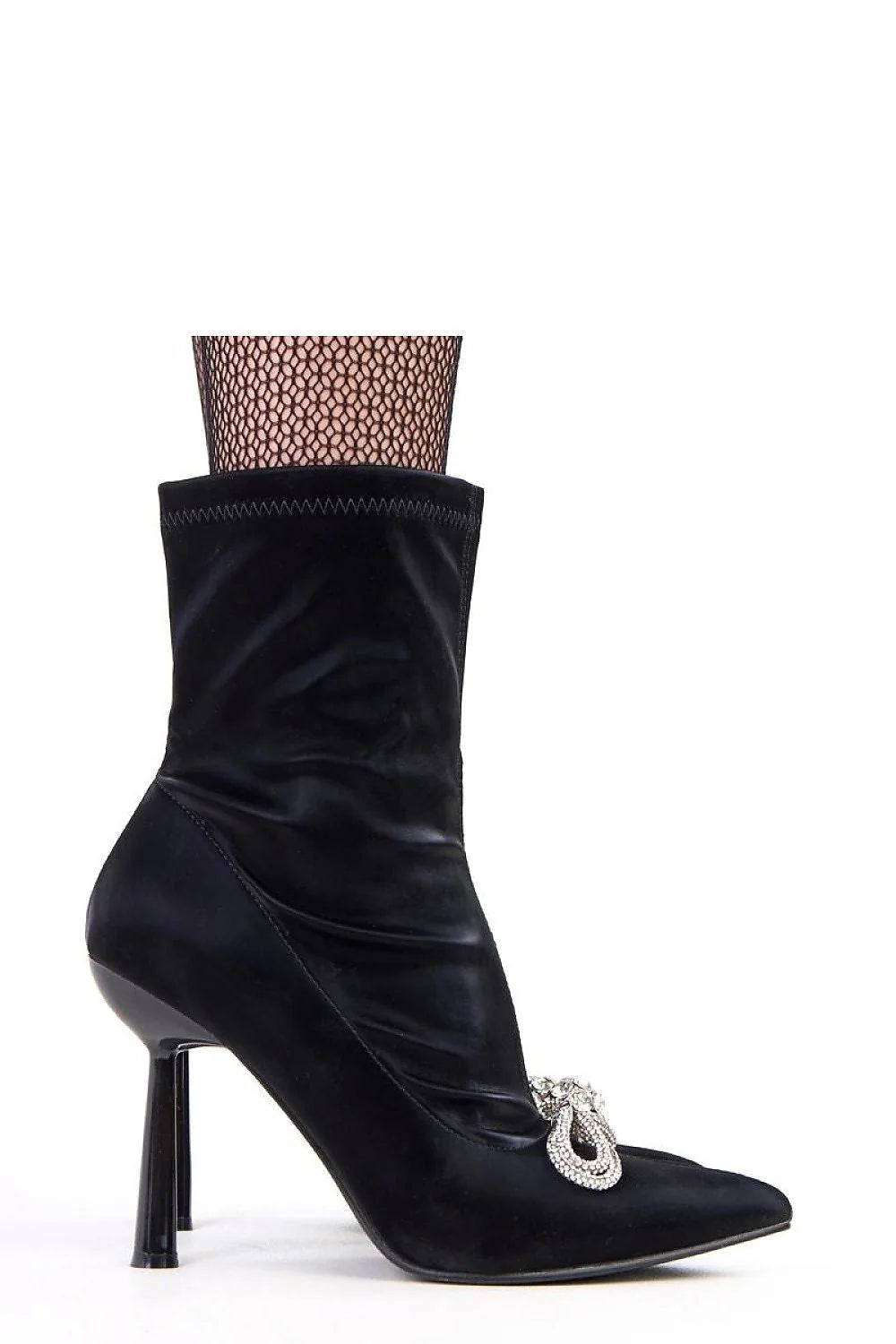 bottines satin velours noir stretch cheville talon aiguille bout pointu nœud zircone bijou semelle cuir écologique confortable fermeture zippée élégante