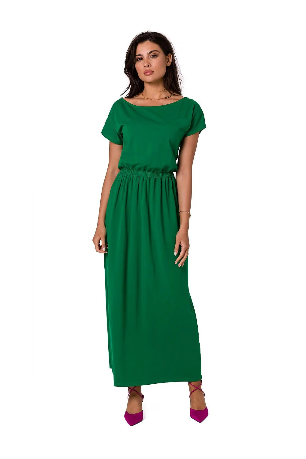 robe longue maxi coton élégante manches courtes encolure bateau vert émeraude taille élastiquée cintrée fluide douce extensible tombé lisse cheville