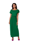 robe longue maxi coton élégante manches courtes encolure bateau vert émeraude taille élastiquée cintrée fluide douce extensible tombé lisse cheville