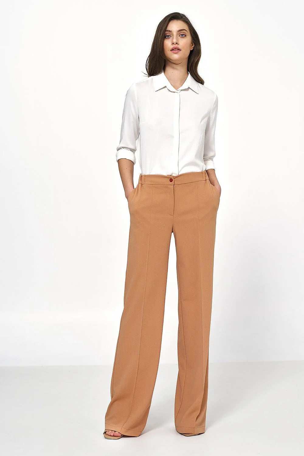 Pantalon femme beige ample coupe haute taille ajustable élasthanne polyester manches longues style élégant