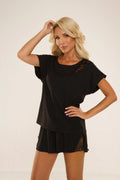 Pyjama femme deux pièces dentelle noire ample manches courtes short évasé élégant confort soie viscose elasthanne