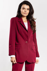 blazer tailleur femme bordeaux coupe droite oversize revers crantés épaules structurées poches rabat boutonnière centrale matière structurée extensible élégant professionnel