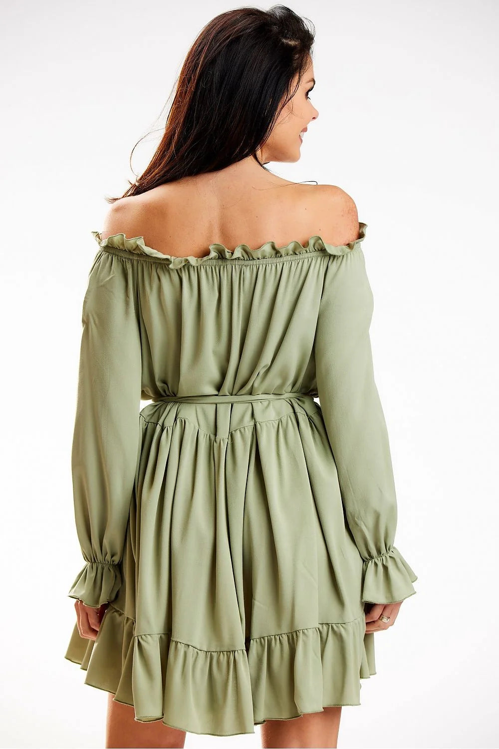 robe jour awama offshoulder vert olive manches longues bouffantes ceinture intégrée taille marquée jupe évasée volants fluide léger