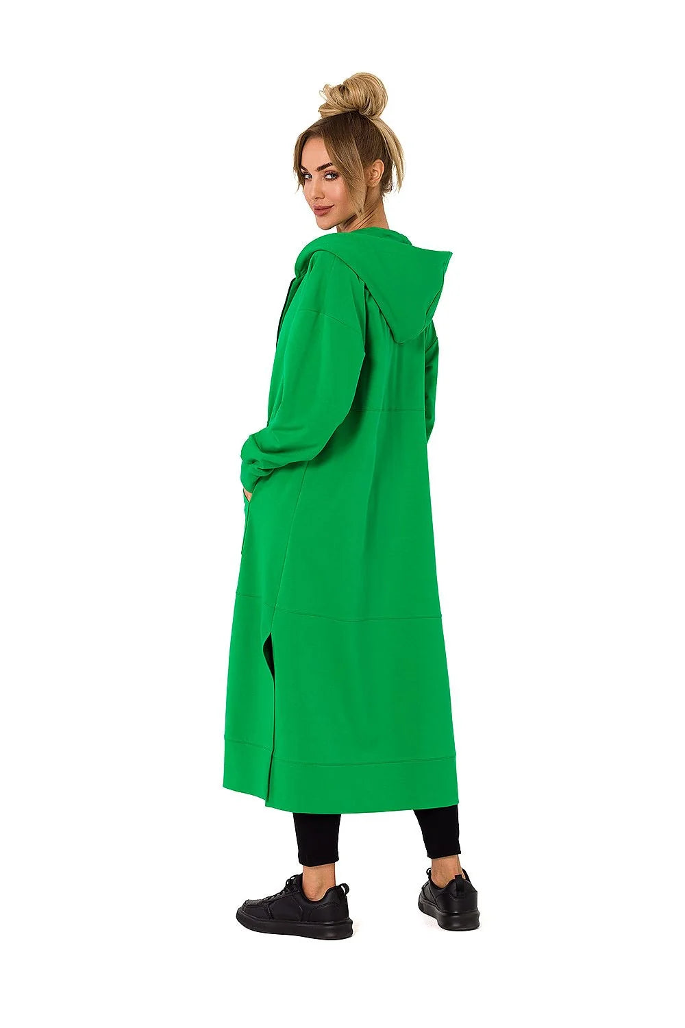 Sweatshirt longue femme hooded zippered poches casual moderne couleur vif vert vif coton élasthanne 90% 10%