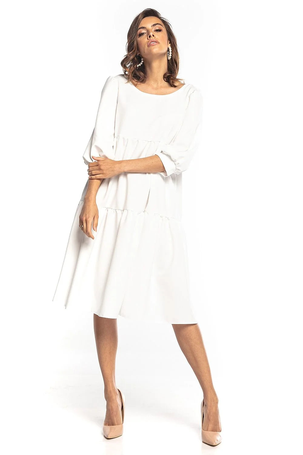 Robe élégante en polyester bleu canard manches bouffantes pour style chic et décontracté femmes