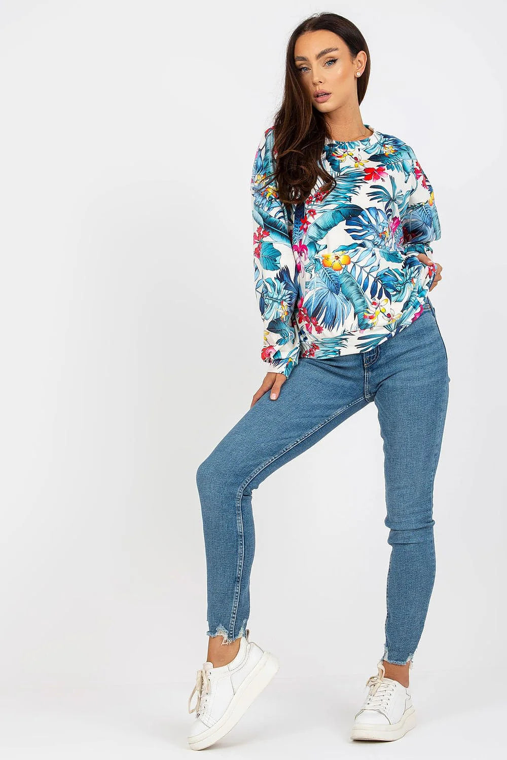 Sweatshirt Rue Paris floral tropical femme manches longues encolure ronde poche kangourou elasthanne viscose
