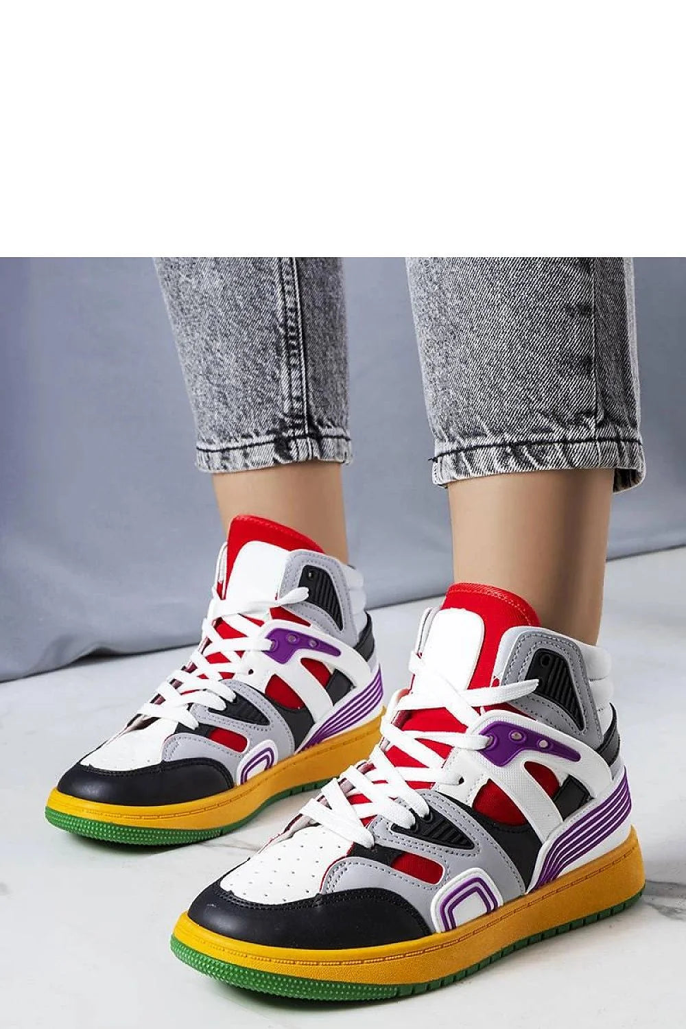 Baskets montantes audacieuses multicolores femmes cuir synthétique textile perforations semelle épaisse couleur verte jaune rouge violet noir blanc