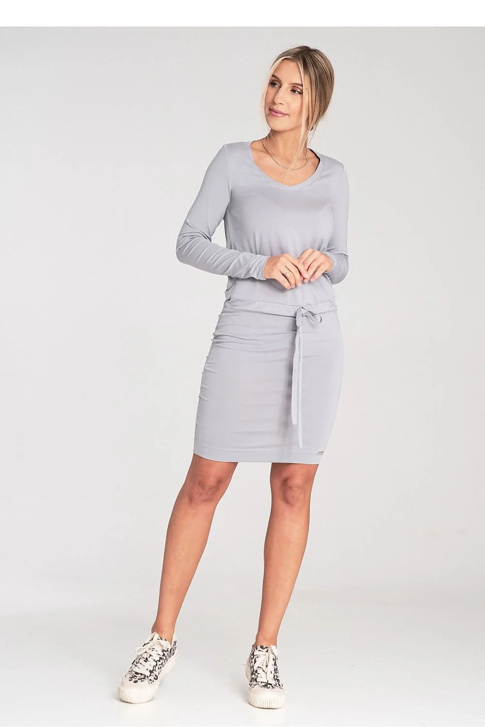 Robe de jour élégante femme manches longues encolure demi-ronde taille ajustable fabric stretchy soft grey