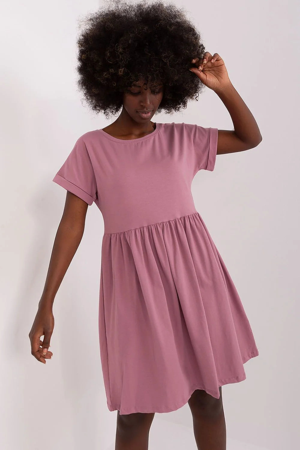 Robe trapèze Femme rose pastel manches courtes col rond coupe ample matériau doux confortable polyvalente