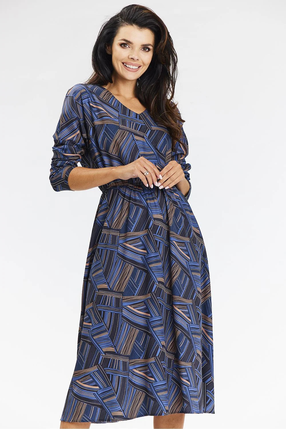 Robe élégante femme style kimono awama manches longues motif géométrique bleu brun occasionnels
