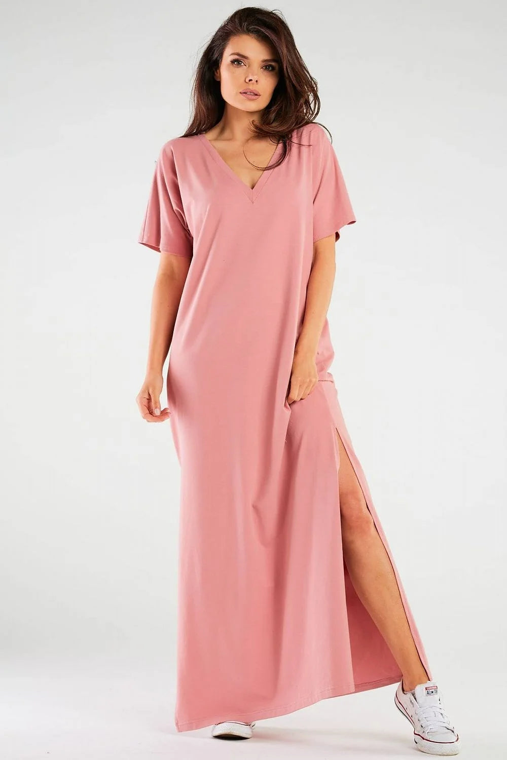 Robe de jour élégante Infinite You rose pâle manches courtes col V slit latéral coton jersey femme
