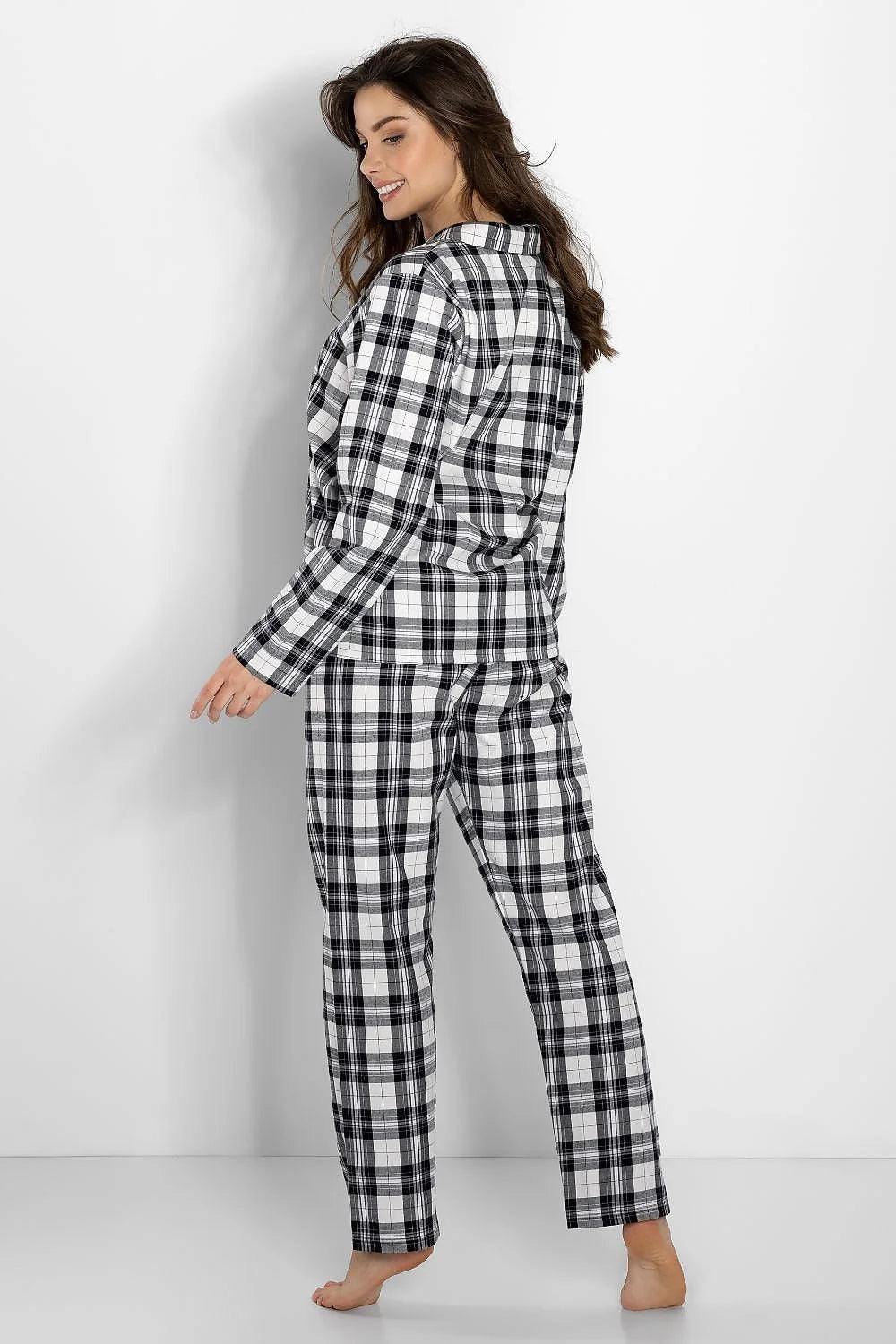 pyjama femme classique flanelle polonaise confortable chaud doux oversize chemise pantalon carreaux noir blanc gris tartan manches longues col revers