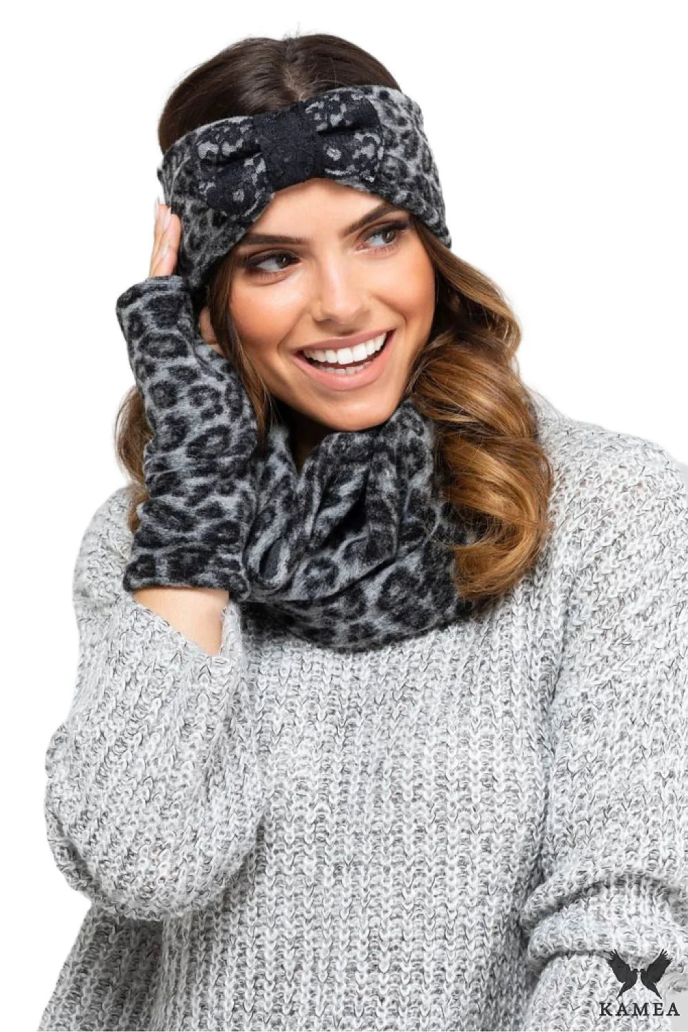 Bandeau Kamea en laine et acrylique motif léopard pour femme, écharpe tubulaire et mitaines assorties, accessoires mode hiver