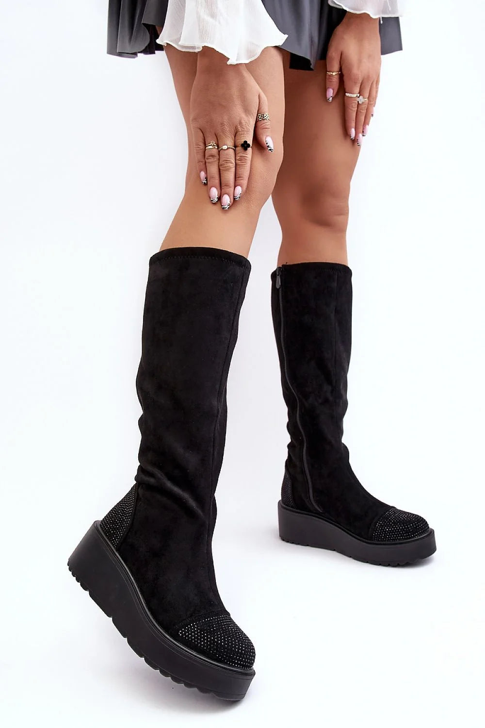 Bottes cothurnes éco-suede noire pour femme, strass scintillants, plateforme massive, fermeture éclair, talon rigide, style moderne et élégant