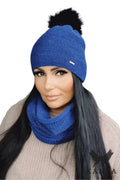 ensemble hiver femme Ravello bleu marine maille texturée slouchy bonnet pompon fausse fourrure snood tubulaire alpaga chaud doux