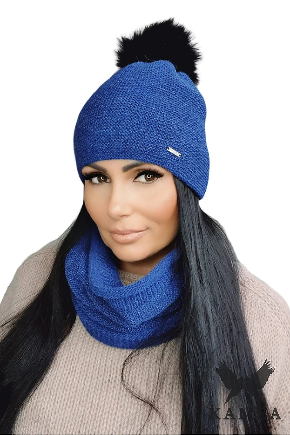 ensemble hiver femme Ravello bleu marine maille texturée slouchy bonnet pompon fausse fourrure snood tubulaire alpaga chaud doux