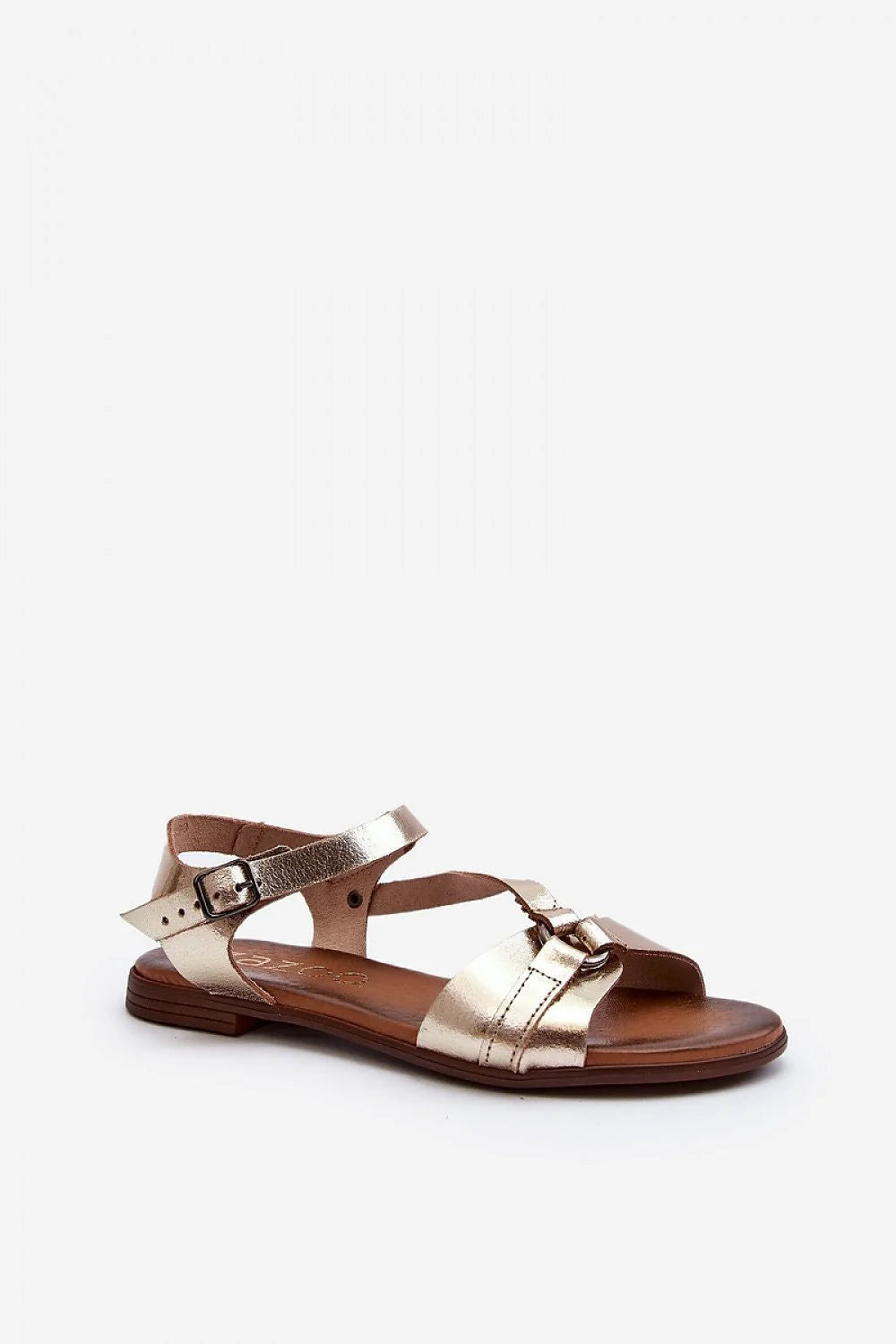 Sandales pour femmes élégantes en cuir métallisé doré, style moderne, bride réglable, semelle cuir, confort summer