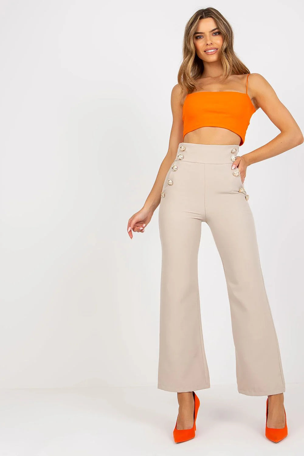pantalon femme taille haute évasé long beige sable double rangée boutons dorés marin structuré extensible polyester élasthanne cintré sophistiqué