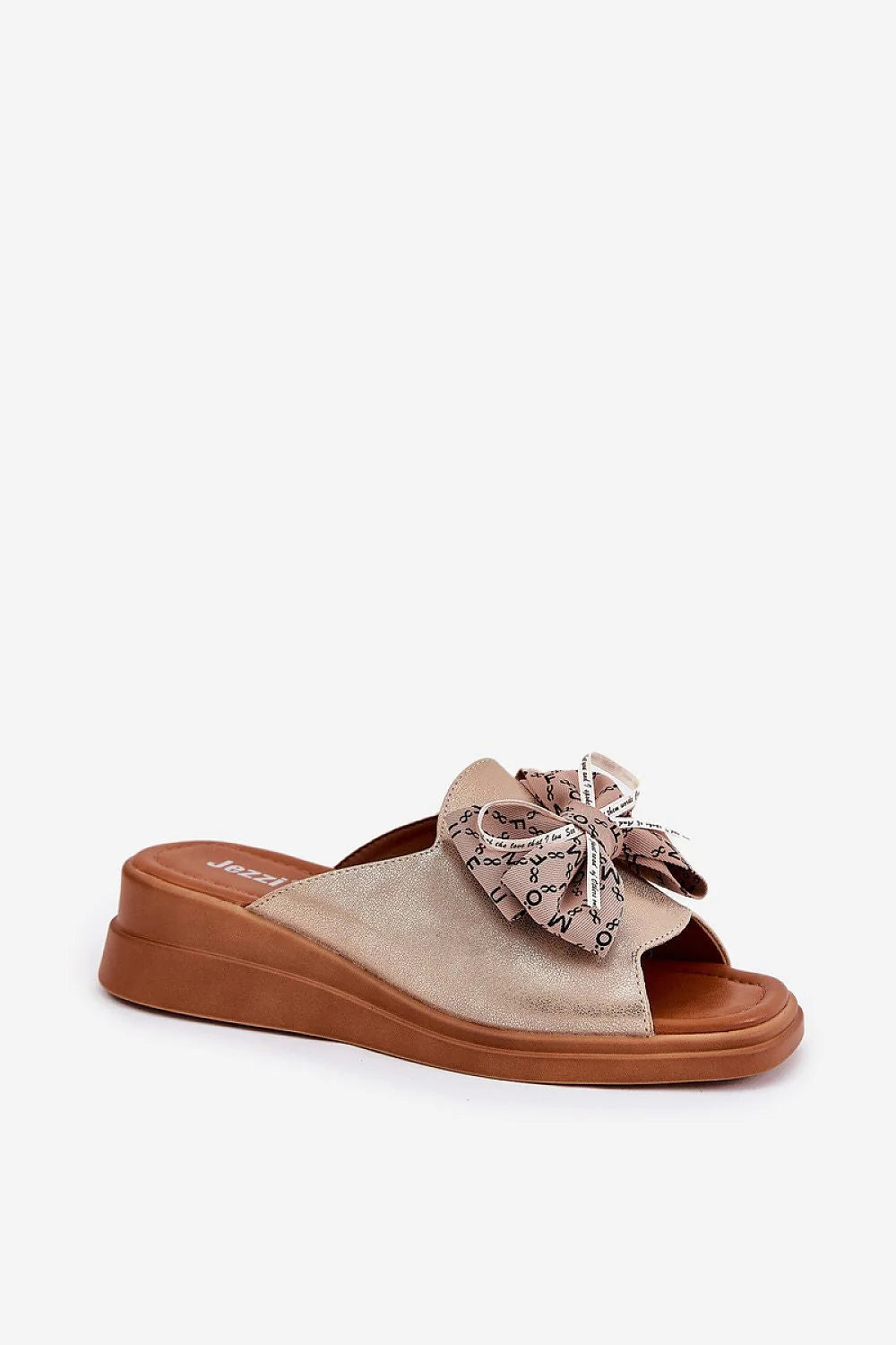 Sandales pour femmes style décontracté élégant nœud décoratif cuir artificiel doré marron talon compensé 5 cm été